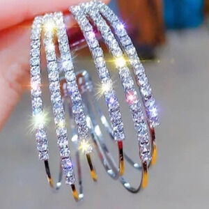 NEW 2" Hoop Earrings Clear Rhinestone Silver Post Pierced Jewelry S10